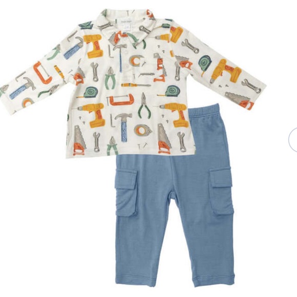 Angel Dear Daddy’s Tools Cream Polo and Blue Cargo Pants Set - Picture 1 of 6